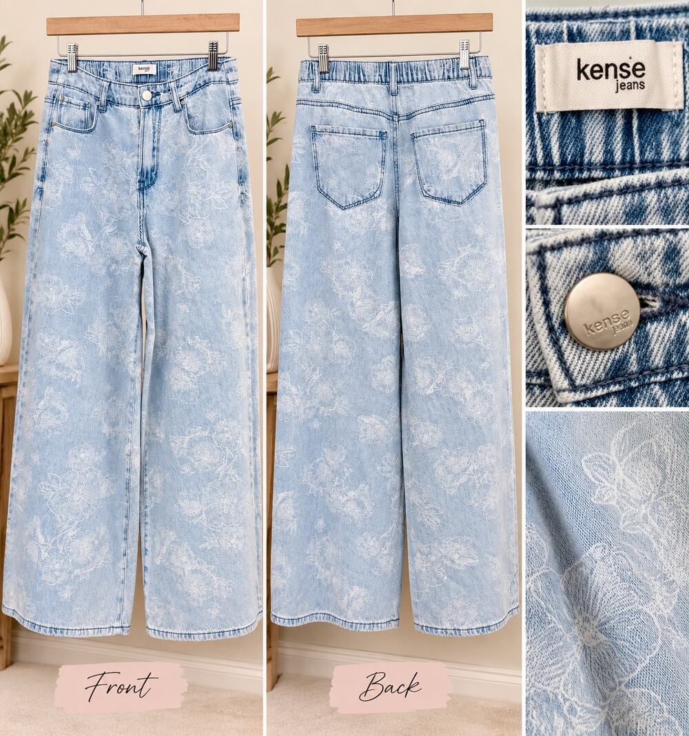 Kensie Floral Wide LEG Jeans- Size 0/25 Light wash